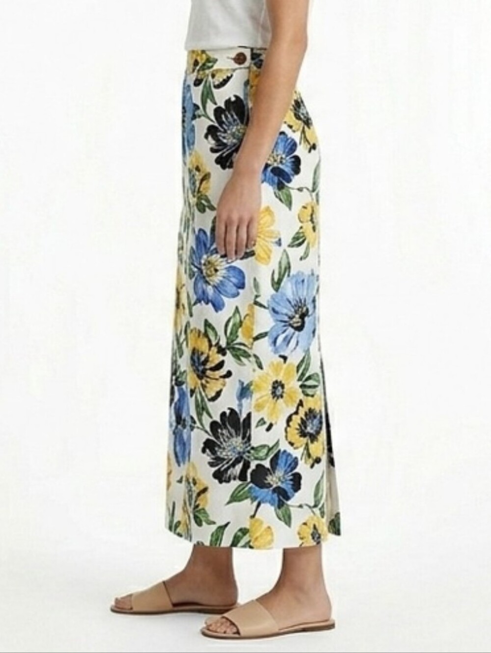 TALBOTS 100% Linen Floral Maxi Skirt Size 4 White Blue Yellow Boho Lined Spring